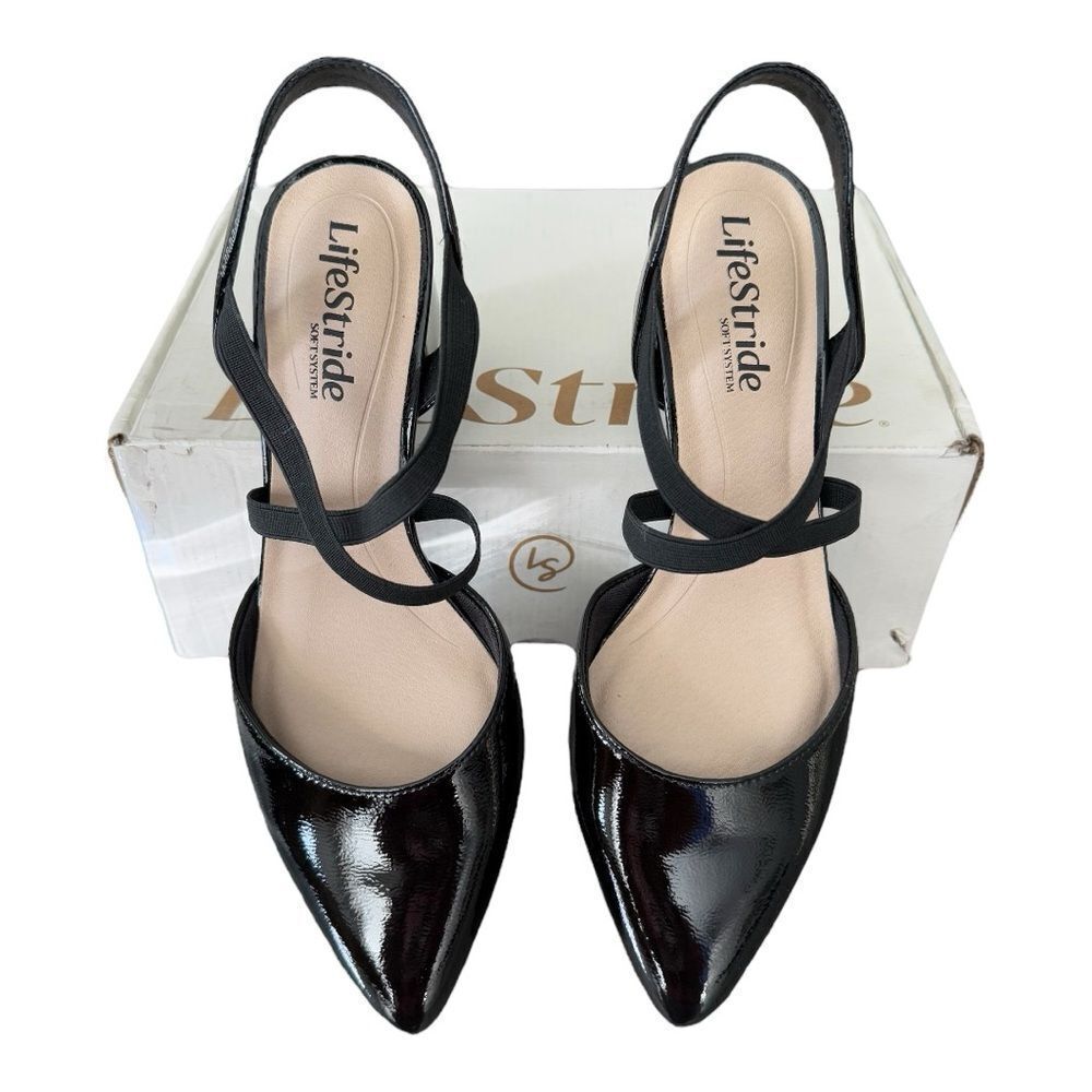 LifeStride April Black Patent Slingback Pumps Heels 6.5 Wide New In Box - Picture 3 of 15